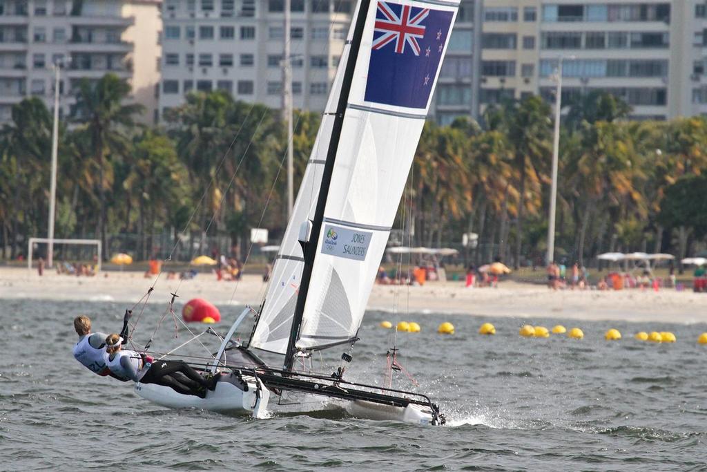 Emma Jones and Jason Saunders do a practice run before the start of the Medal race in the Nacra 17 class - 2016 Olympics © Richard Gladwell www.photosport.co.nz